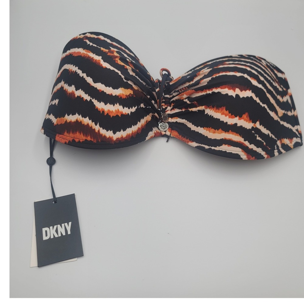 New DKNY Women Tiger Print Bandeau Bikini Top XL Black Orange Safari Y2K Glam